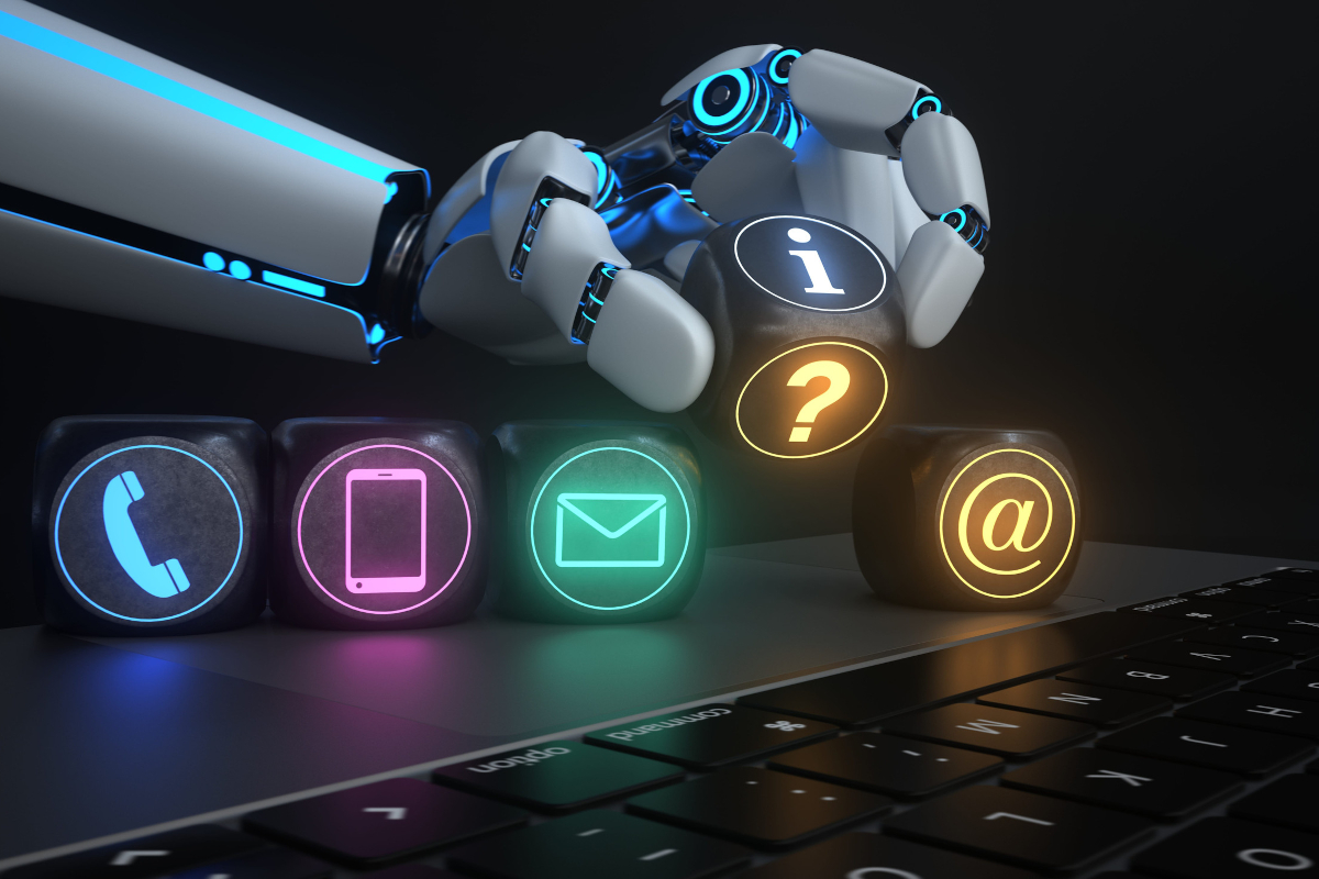 Robotic hand arranging icons for automated workflows.